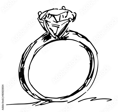 Diamond engagement ring with large gemstone sketched in rough hand drawn style vector illustration