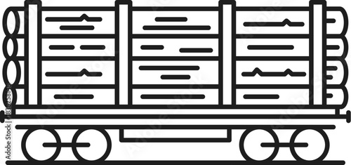 Wood logs shipment wagon, cargo logistics railway line icon or label. Cargo shipment transport lineart pictogram, freight delivery logistics vector sign. Goods railroad transportation outline symbol