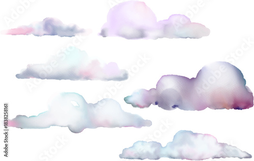 Pastel cartoon clouds isolated on white background. Hand drawn colorful watercolor illustration.