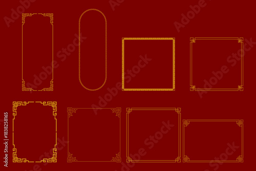 A collection of golden outline Asian style border frames on a red background