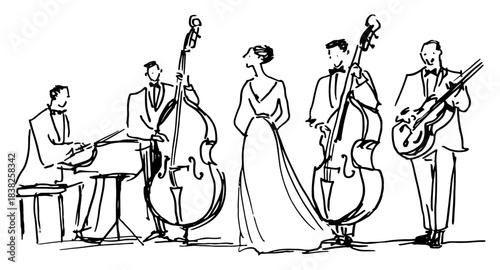 Live music band performing with singer and musicians playing instruments in sketch style vector illustration