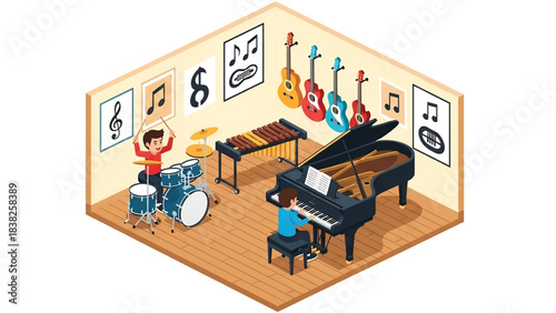 Squared 3D Isometric View Vector of children joining music class with piano, drums, xylophone, guitars, and musical notes decor. Ideal for arts education and creative learning content