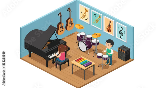 Squared 3D Isometric View Vector of children joining music class with piano, drums, xylophone, guitars, and musical notes decor. Ideal for arts education and creative learning content