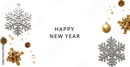 Elegant metallic silver and gold vector banner design featuring 3D snowflake ornaments, shiny baubles, and festive bows around "HAPPY NEW YEAR" typography, perfect for sophisticated holiday greetings 