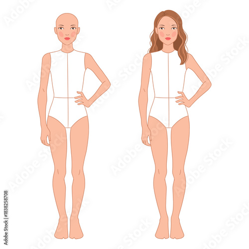 A clean vector fashion croqui of an 11–13-year-old girl, shown in two versions: bald template and hairstyle option. Ideal for fashion design, clothing sketches, and pattern development.