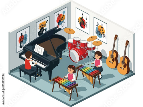 Squared 3D Isometric View Vector of children joining music class with piano, drums, xylophone, guitars, and musical notes decor. Ideal for arts education and creative learning content