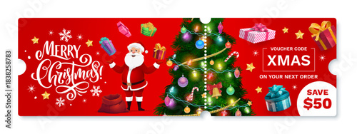 Christmas offer coupon with Santa character, festive tree, and Merry Christmas text. Vector voucher features discount promotion design with golden stars and holiday decorations. Seasonal shop sales