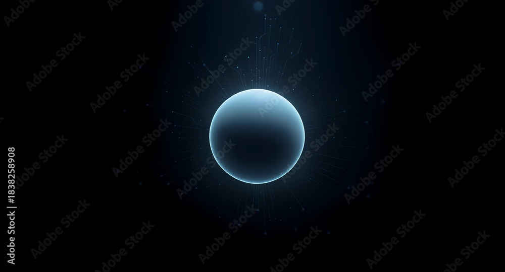 Obraz premium A minimalist 3D render of a single, perfectly smooth, floating sphere surrounded by subtle digital light and abstract particle trails on a deep black background.