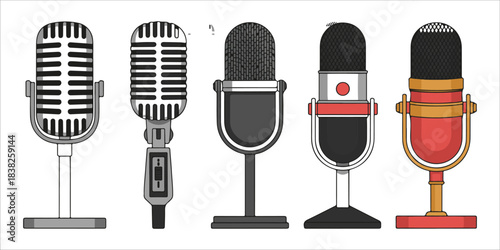 Set of five different black and white microphone icons for recording and broadcasting
