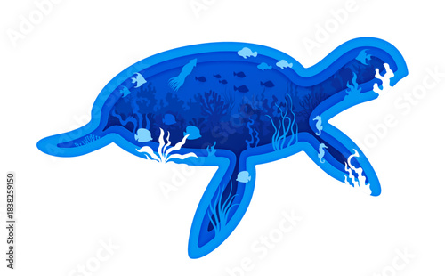 Paper cut turtle silhouette with sea underwater landscape and fishes, vector banner. Ocean undersea or sea underwater world with coral reef tropical fish, squid and seaweeds in paper cut turtle frame