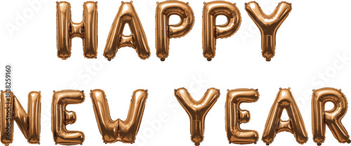 Festive metallic bronze or copper foil balloon typography vector spelling out "HAPPY NEW YEAR," perfect for chic New Year's Eve party invitations, banners, celebratory backdrops, and digital graphics