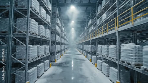 Deep perspective shot of frozen industrial warehouse racks containing cold stored inventory.