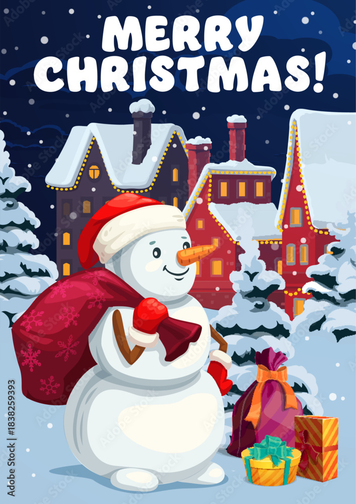 Obraz premium Merry Christmas and happy holidays greeting card with cartoon snowman character standing in a snowy winter town with festive houses, trees, warm lights, a red gift sack and presents on the ground