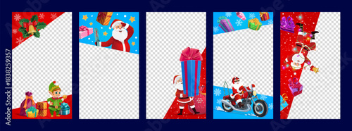 Christmas social media templates with funny Santa, holiday gifts and elf character, vector publication posts. Christmas media templates, cartoon Santa riding motorcycle with gifts and decorations
