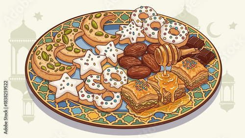 Traditional Middle Eastern pastries and cookies beautifully arranged on an intricately designed plate