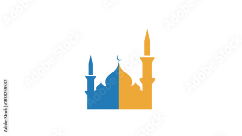 Illustration of a mosque with minarets and domes in blue and orange hues