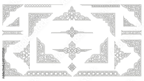 Intricate geometric pattern illustration featuring symmetrical designs and ornate details in a rectangular frame