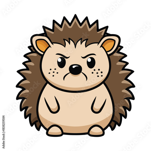 Grumpy cartoon hedgehog with spiky back on white background animal illustration