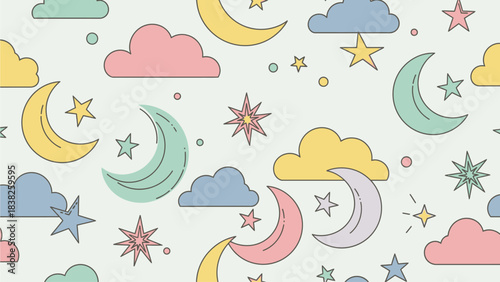 Whimsical illustration of crescent moons and stars floating among pastel clouds in a dreamy sky