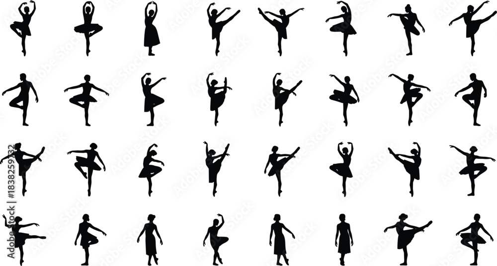 Naklejka premium Ballet dancer silhouette collection, graceful dance poses and elegant movement illustrations for performing arts, choreography design, classical ballet vector set