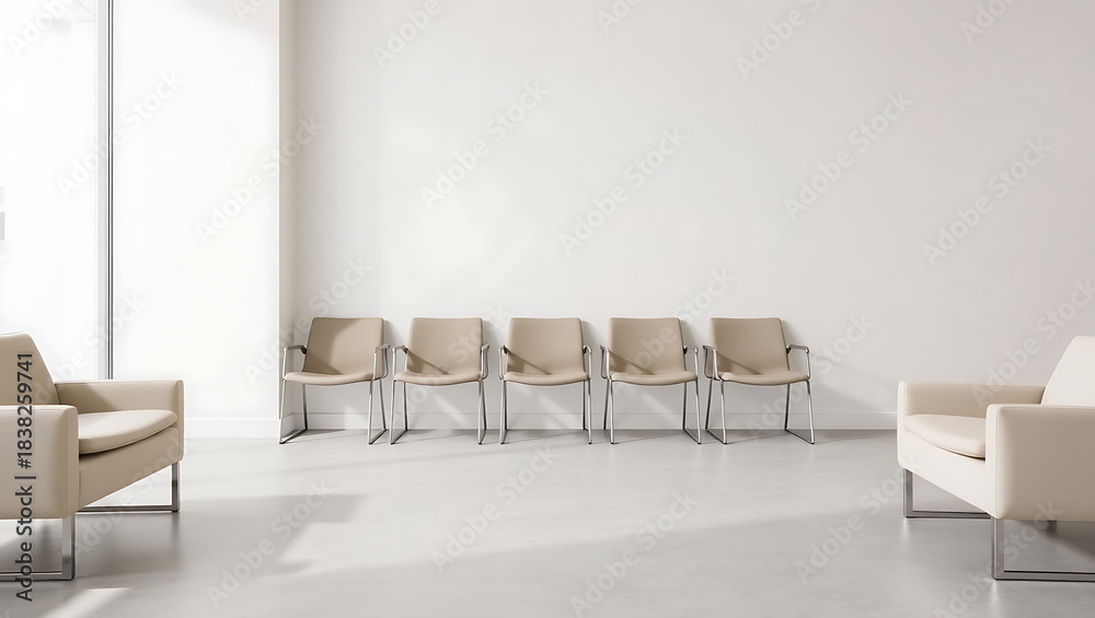 Fototapeta premium Generative AI Minimalist Modern Lobby with Neutral Tones and Simplistic Seating Arrangement