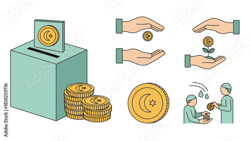 Illustration of financial transaction process with coins and hands exchanging money