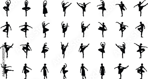 Ballet dancer silhouette collection, graceful dance poses and elegant movement illustrations for performing arts, choreography design, classical ballet vector set