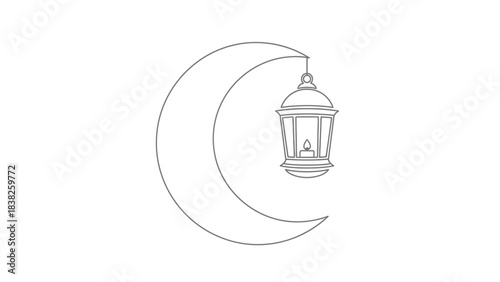 A minimalist illustration of a lantern hanging from a crescent moon in a simple, dreamy night sky
