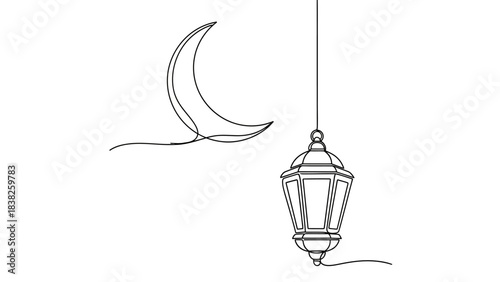 Ramadan lantern and crescent moon line art illustration
