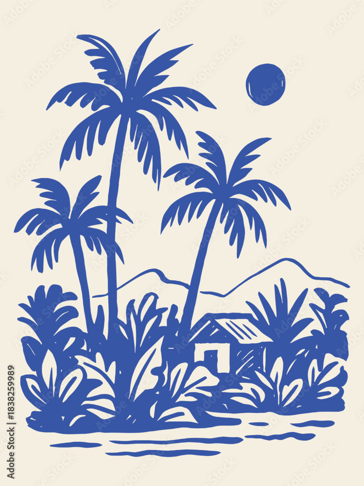Obraz premium Tropical palm landscape with hut doodle vector illustration