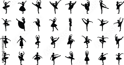 Ballet dancer silhouette collection, graceful dance poses with elegant movement, classical choreography illustrations for performing arts, ballet design, vector set