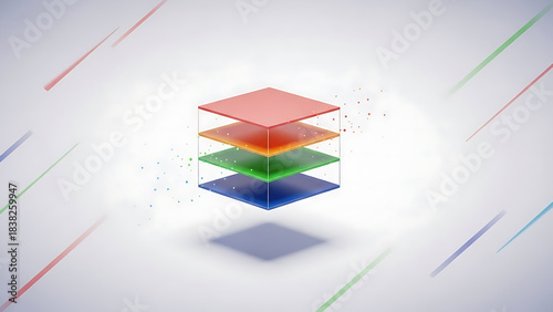 Digital Innovation Concept: Four Colored Layers in a Cubic Formation with Abstract Particles