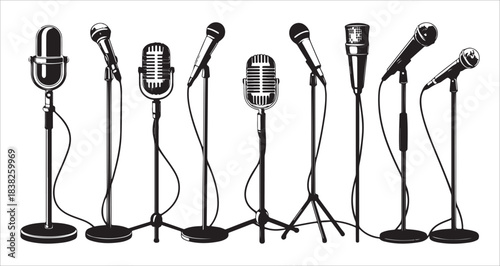 Set of various black and white standing microphones on stands for audio recording