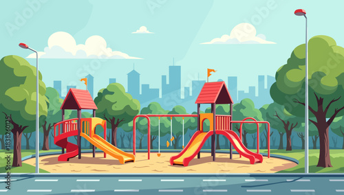 Spacious playground with swings and slides framed by tall city buildings
