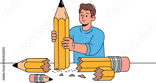 Illustration of a boy repairing giant broken pencils, symbolizing creativity, problem solving, learning, and educational concepts