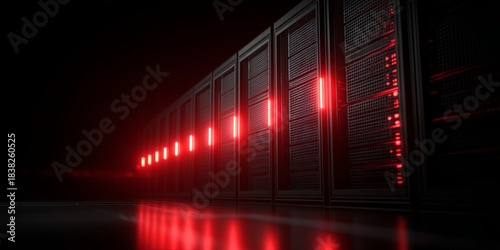 A clean, dramatic, moody shot of an isolated, single server rack with red alert lights flashing, emphasizing security risk/failure, cyber security, high contrast, cinemat