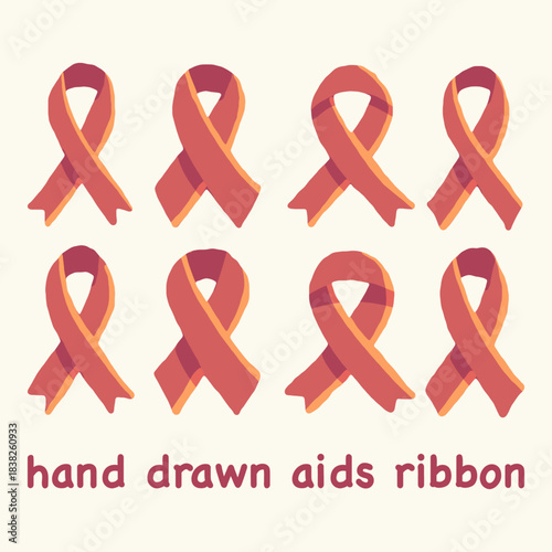 Hand-drawn set of AIDS awareness ribbons in warm red shades