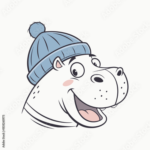 Cute cartoon hippo wearing a blue winter hat isolated on white background