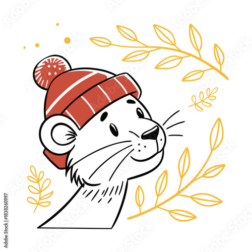 Cute cartoon lion cub wearing a winter hat isolated on white background
