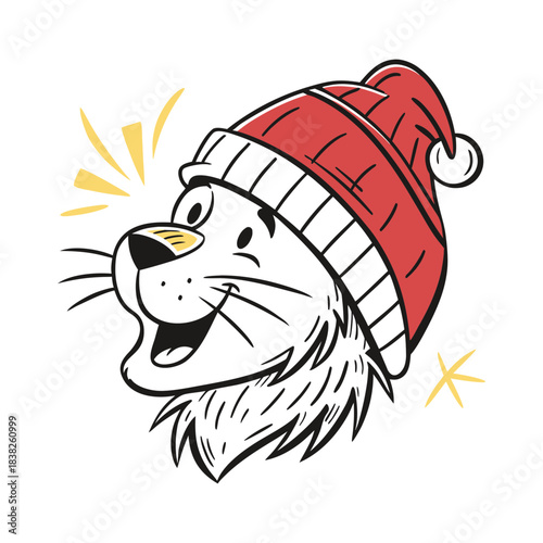Cartoon tiger wearing a red santa hat isolated on white background