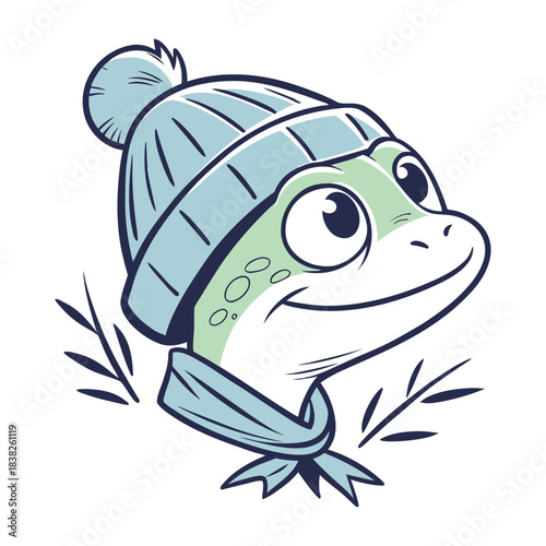 Cute cartoon frog wearing a winter hat and scarf isolated on white background