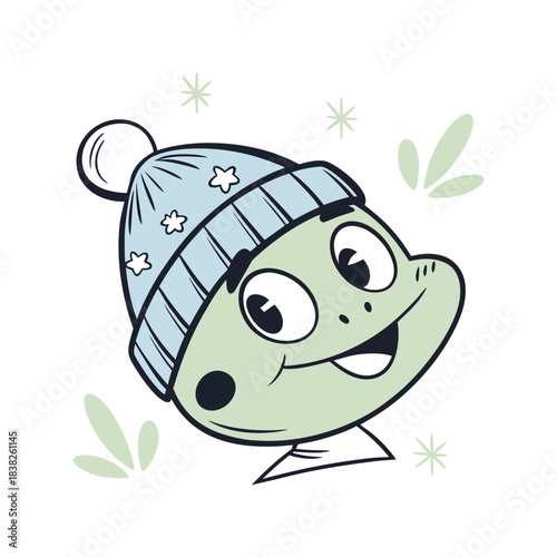 Cute cartoon frog wearing a blue winter hat isolated on white background