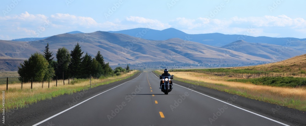 Fototapeta premium The motorcycle rider cruises down a beautiful open road through different states.