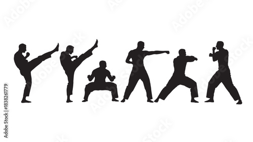 Martial Arts Silhouettes in Dynamic Poses with High Contrast Lighting on White Background for Fitness Promotion