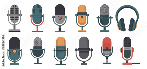 collection of various microphones in a simple clean line art style for audio recording