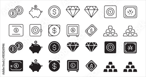 Currency exchange flat icons, dollar, euro, bitcoin, yen, and pound symbols, color accents