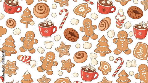 Christmas dekoration pattern featuring gingerbread men, candy canes, cookies, and hot chocolate cups on a white background with festive holiday treats.