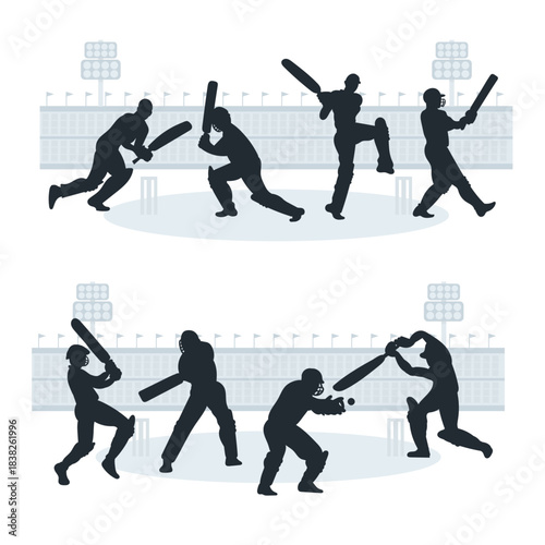 Cricket in Action: Dynamic silhouettes capture the essence of cricket, showcasing the power, precision, and passion of players in various moments of the game.