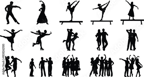 Dance and performance silhouette collection, ballet, ballroom, ice skating, group poses for choreography, stage shows, artistic movement illustrations, vector set