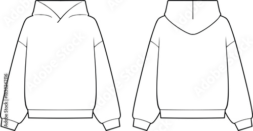 Hoodie sweatshirt vector template, front and back technical flat drawing, long sleeve hooded pullover apparel design for fashion production mockup